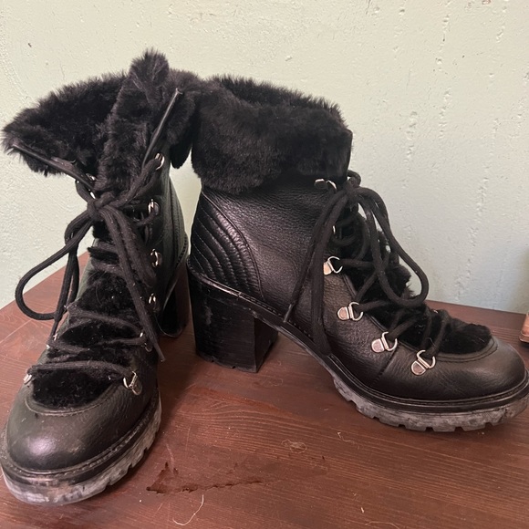 MARC FISHER Daven Leather & Faux-Fur Cuff Lace Up Booties - Picture 3 of 5